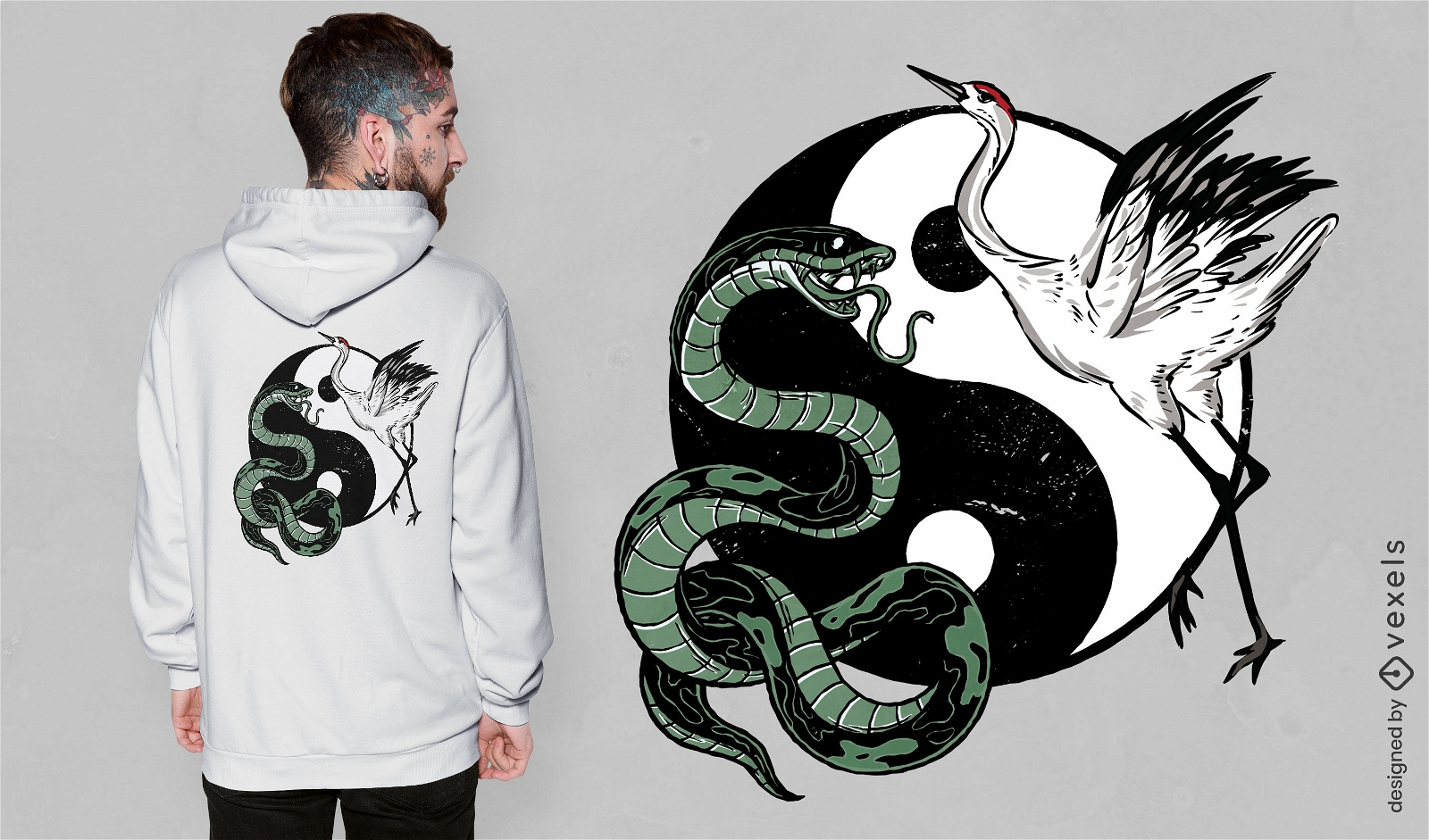 Diseño de camiseta de serpiente y grulla yin yang