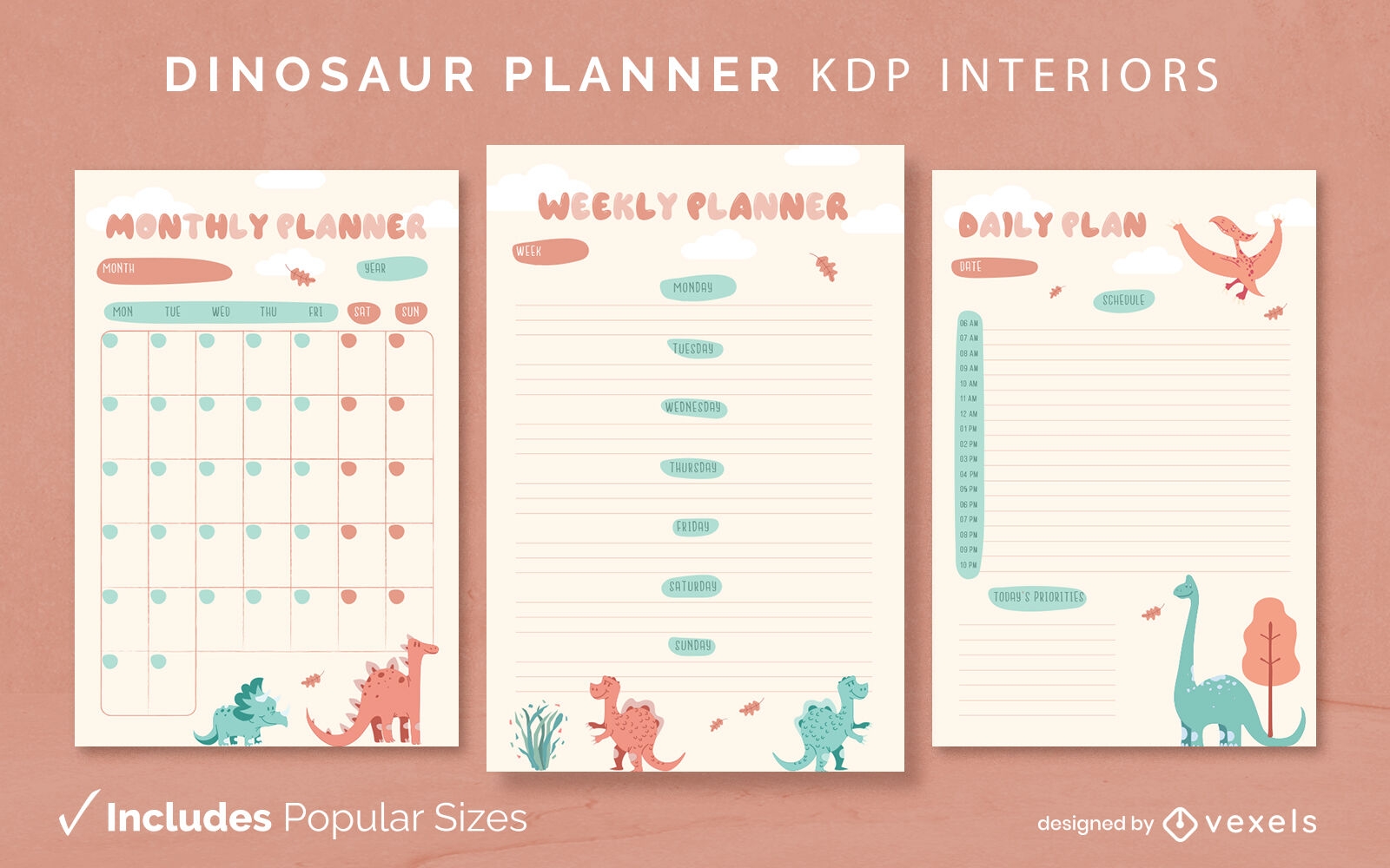 Plantilla de diario de planificador de dinosaurios Diseño de interiores KDP