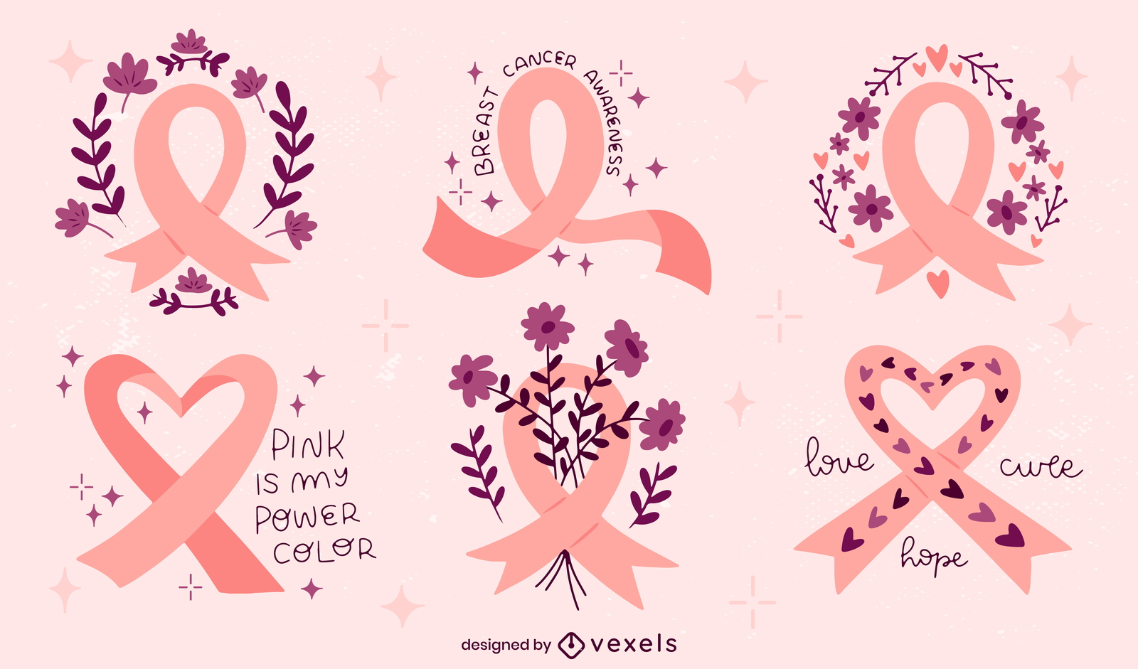 Conjunto de cintas rosas de concientización sobre el cáncer de mama