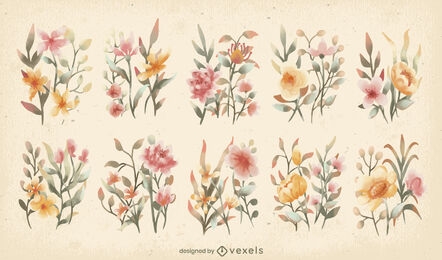 Conjunto de aquarela de jardim de flores e folhas