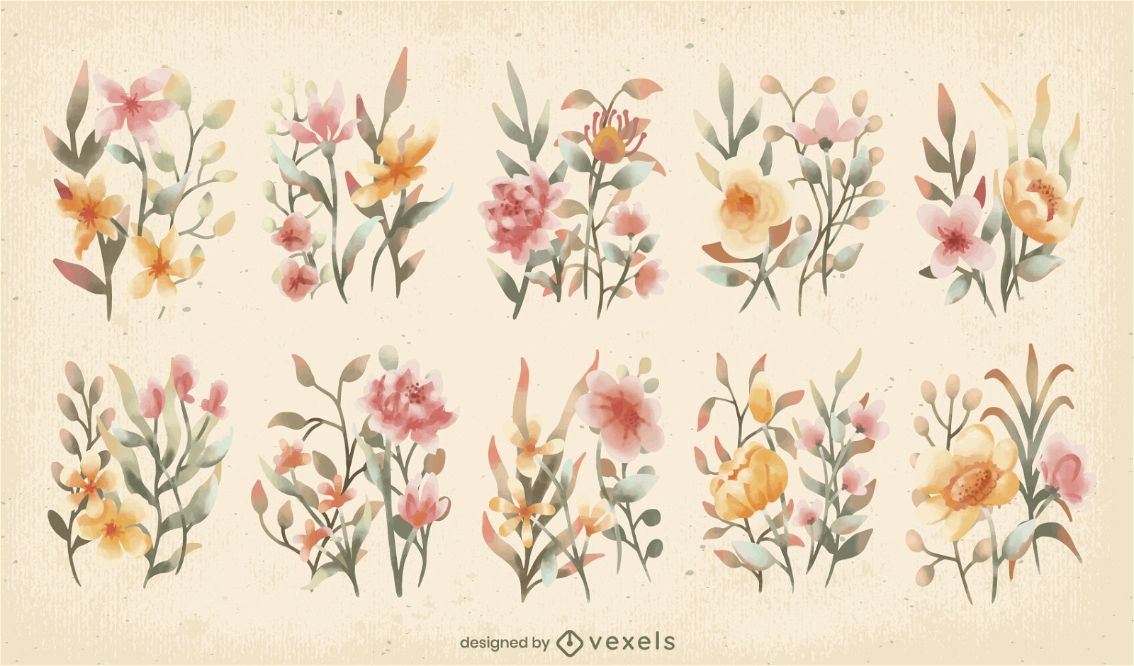 Conjunto de aquarela de jardim de flores e folhas