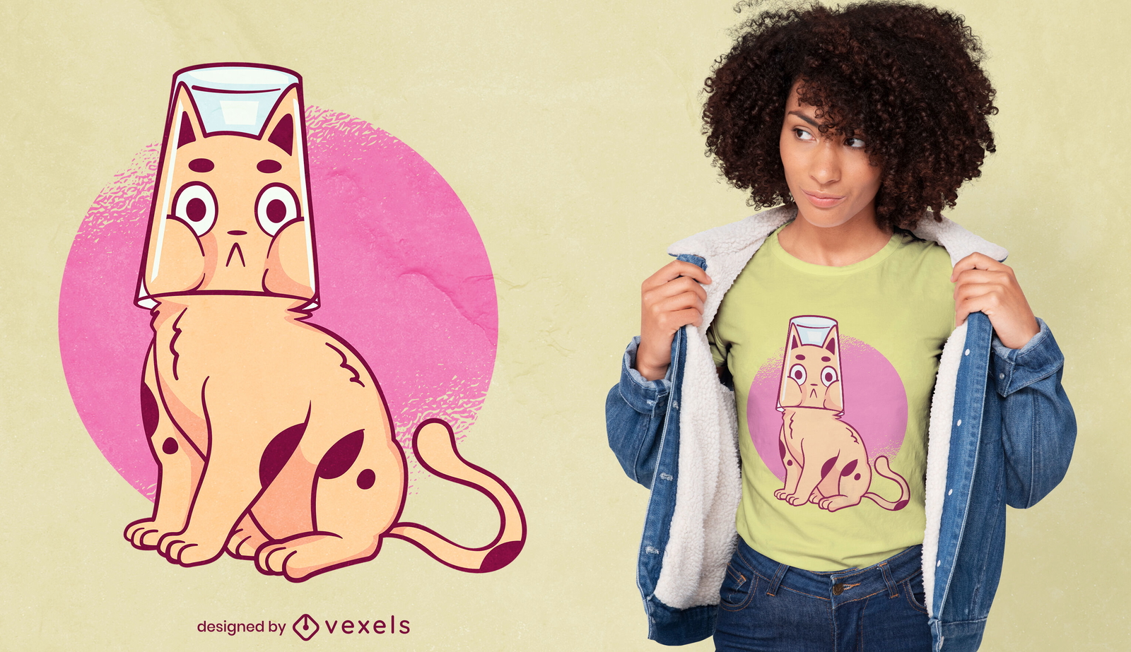 Diseño de camiseta de gato atrapado en un vaso de agua