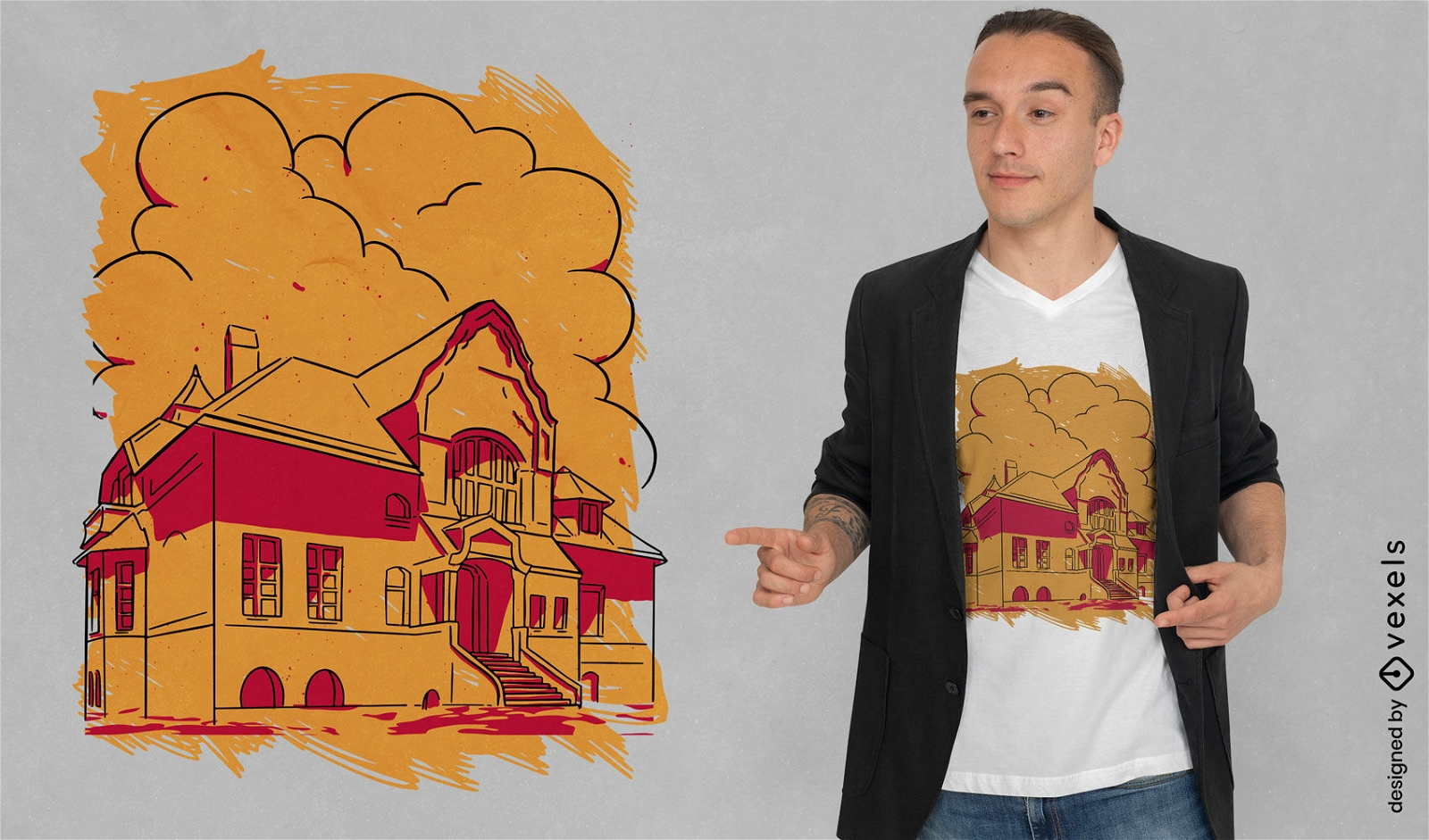 Diseño de camiseta de edificio bajo religioso.