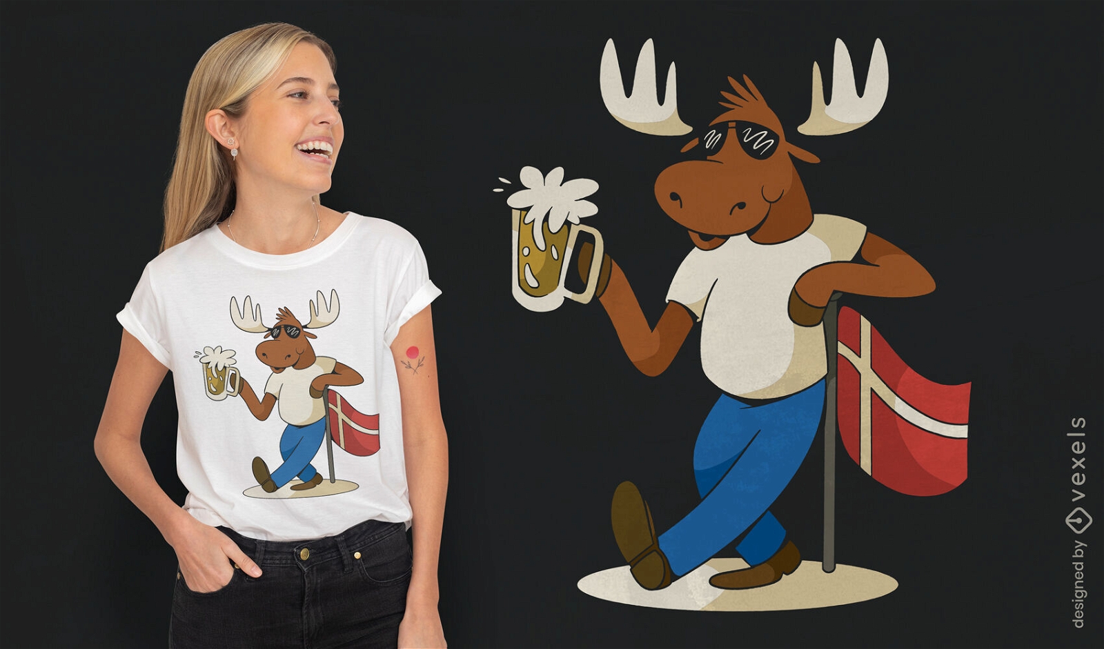 Design de camiseta de alce da Dinamarca bebendo cerveja
