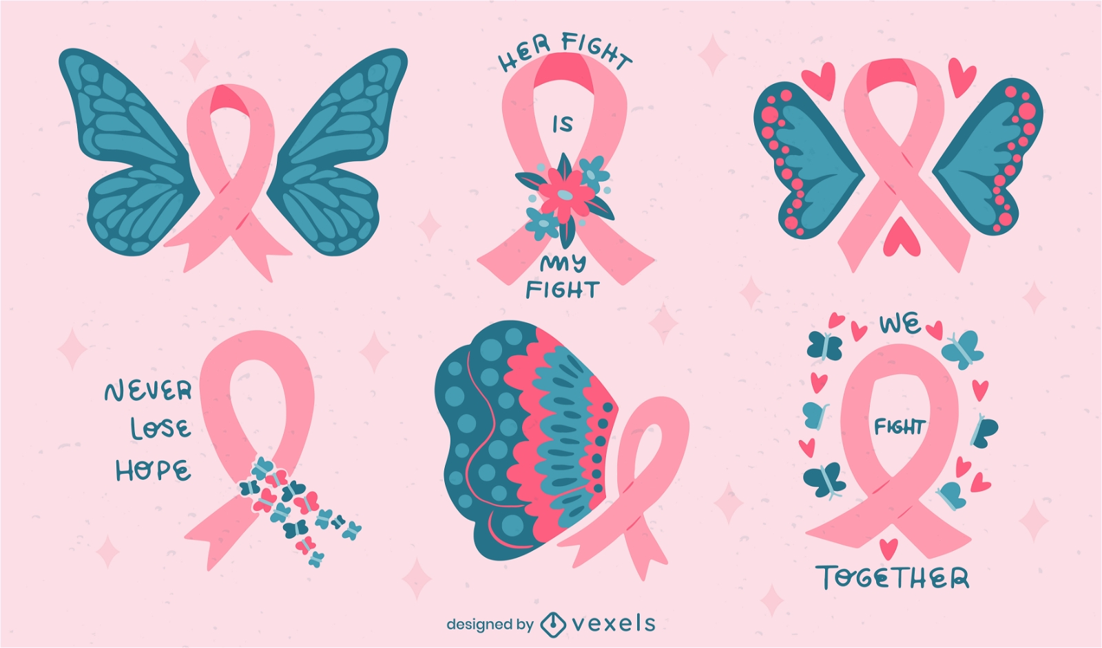 Conjunto de cintas de cáncer de mama con mariposas.