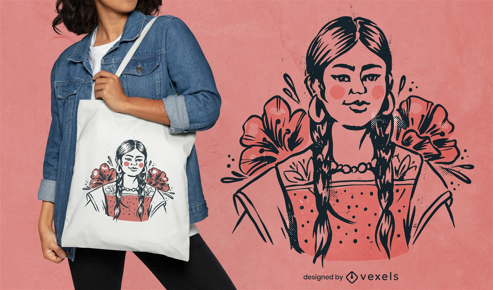 Traditional Mexican woman tote bag design