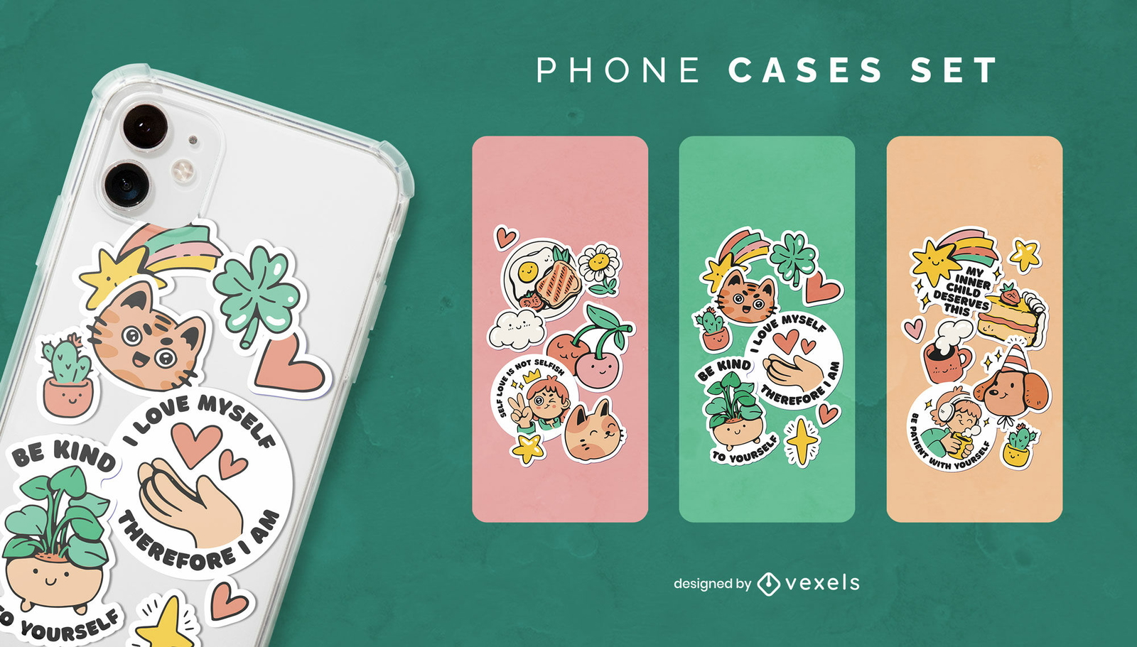 Conjunto de capas de telefone de adesivos de amor próprio