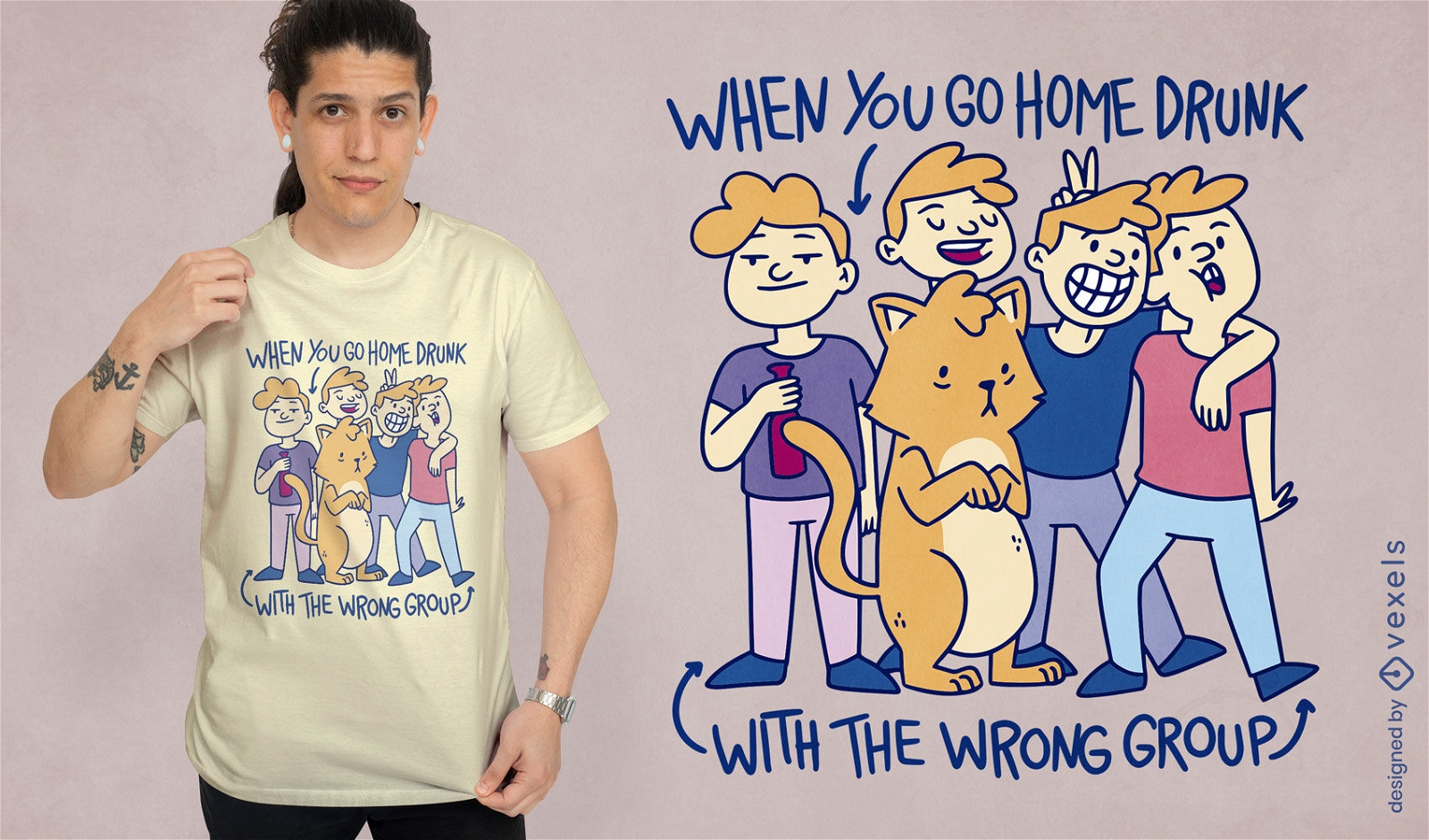 Betrunkene Freunde mit Katzen-T-Shirt-Design