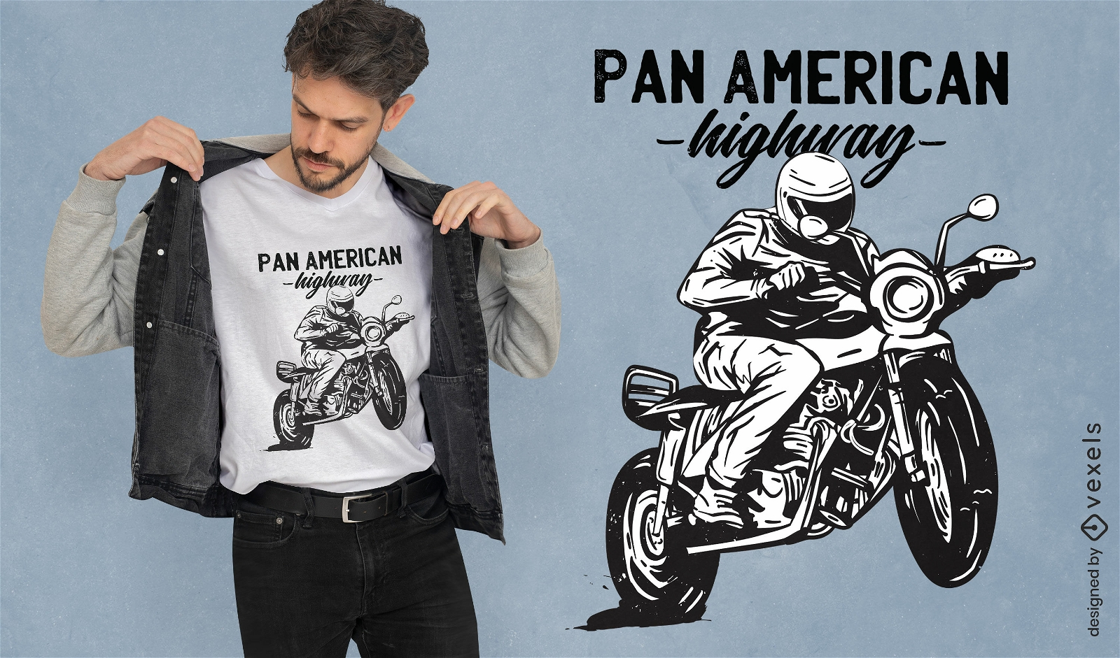 Hombre con casco montando diseño de camiseta de moto