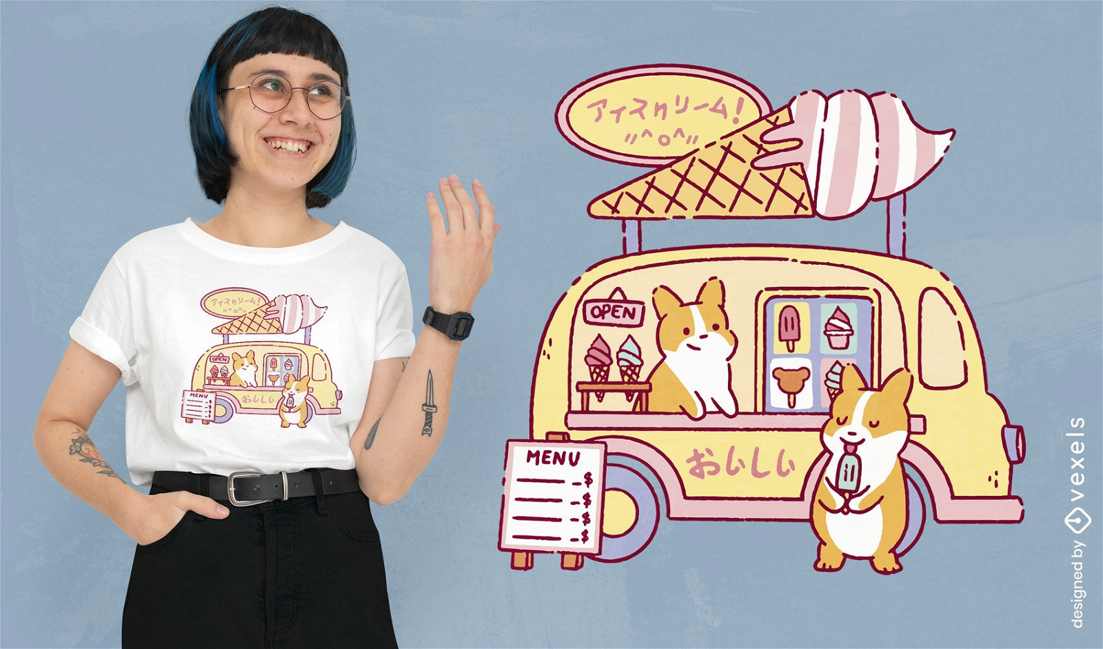 Cães corgi em design de t-shirt de caminhão de sorvete