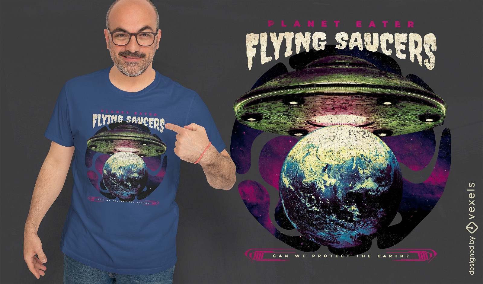 Design de camiseta de nave alienígena na Terra