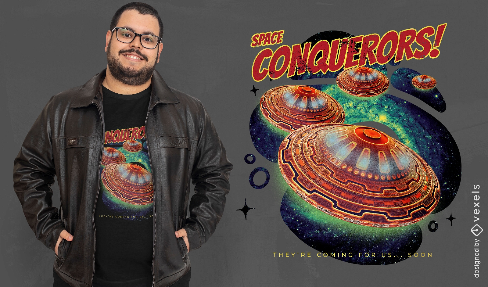 Design de camiseta de conquistadores do espaço UFO