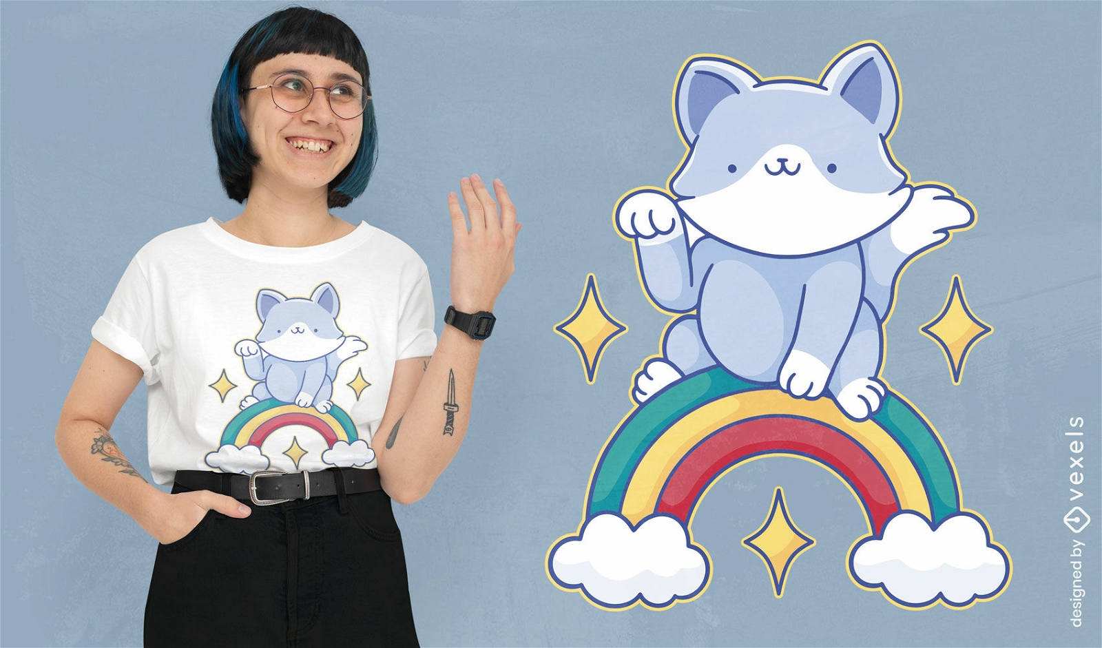 Niedliches Katzentier auf Regenbogen-T-Shirt-Design