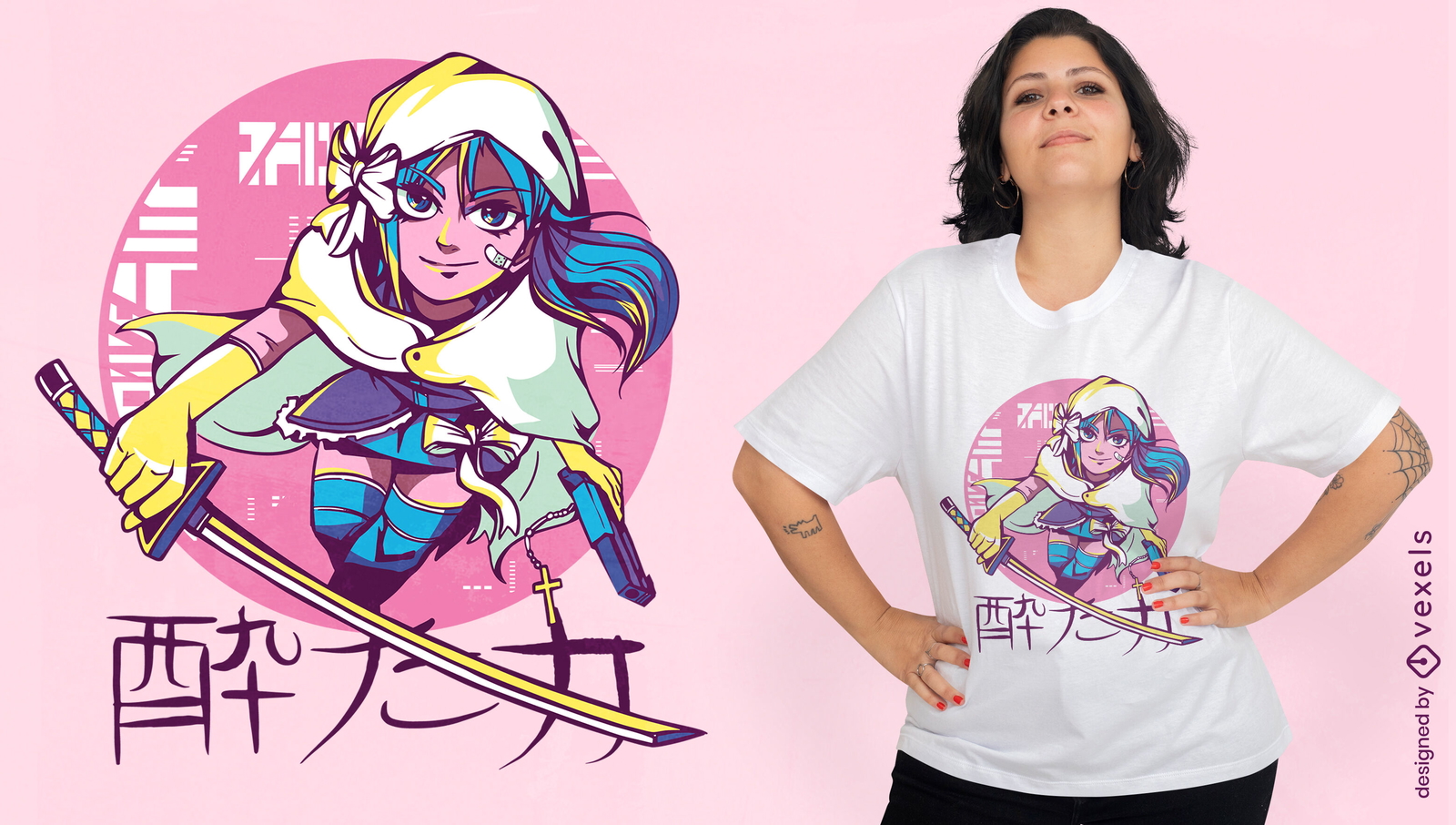 Diseño de camiseta de chica anime cyberpunk