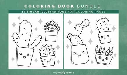 Design de páginas de livro para colorir de cactos e plantas