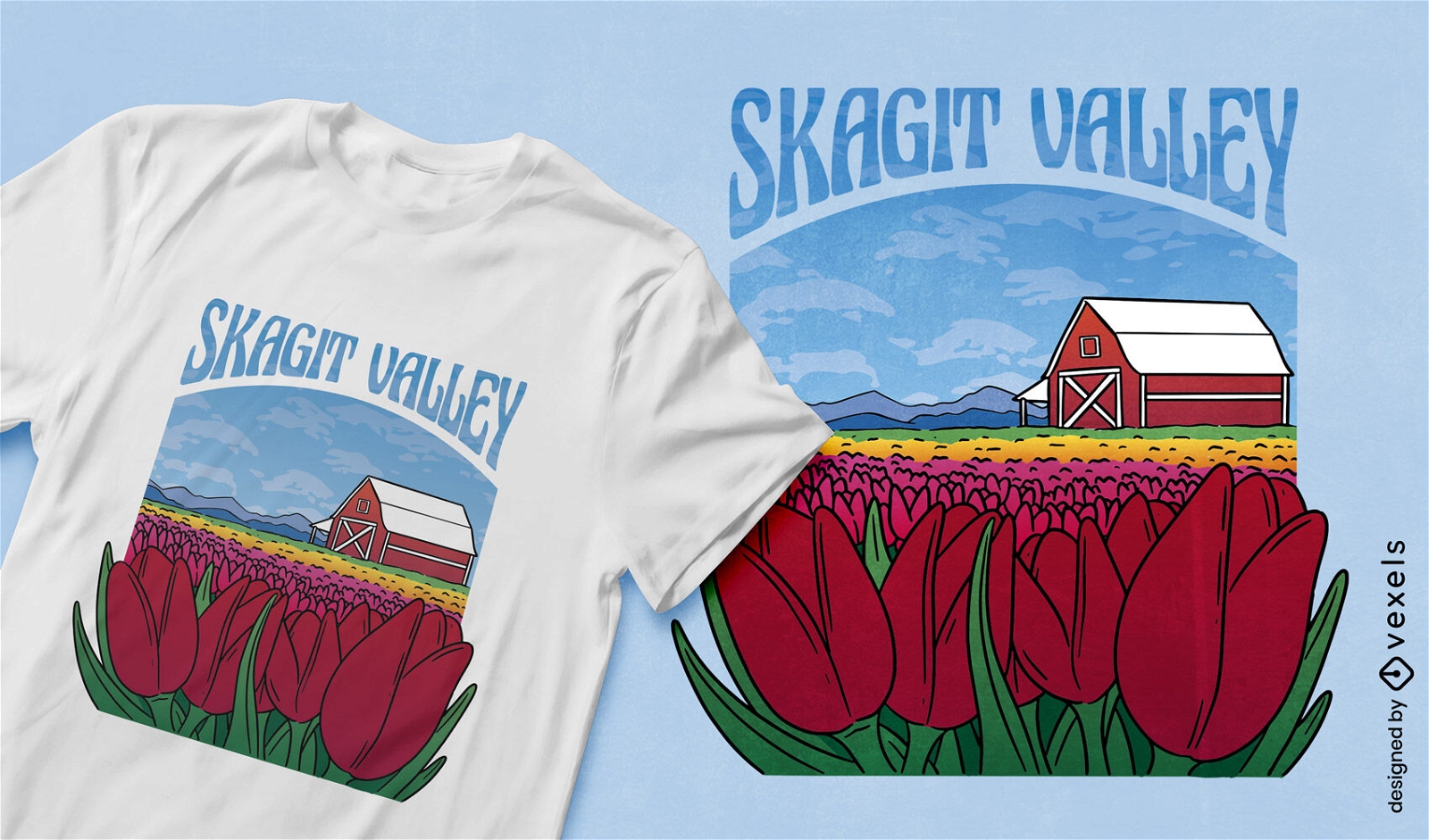 Barn with field of roses t-shirt design