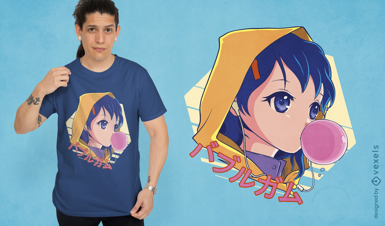 Anime-Mädchen mit Gummiblasen-T-Shirt-Design