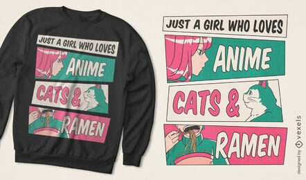 Garota de anime com design de camiseta de gato e ramen