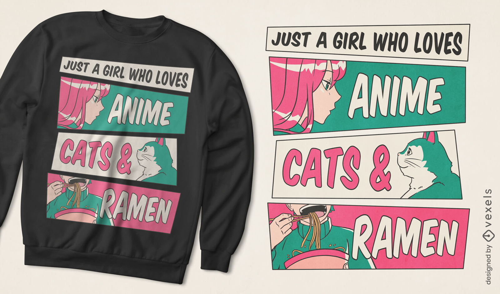 Anime girl with cat and ramen t-shirt design