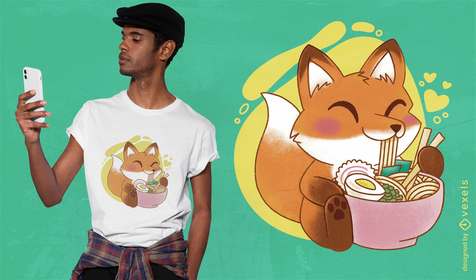 Kawaii fox eating ramen t-shirt design