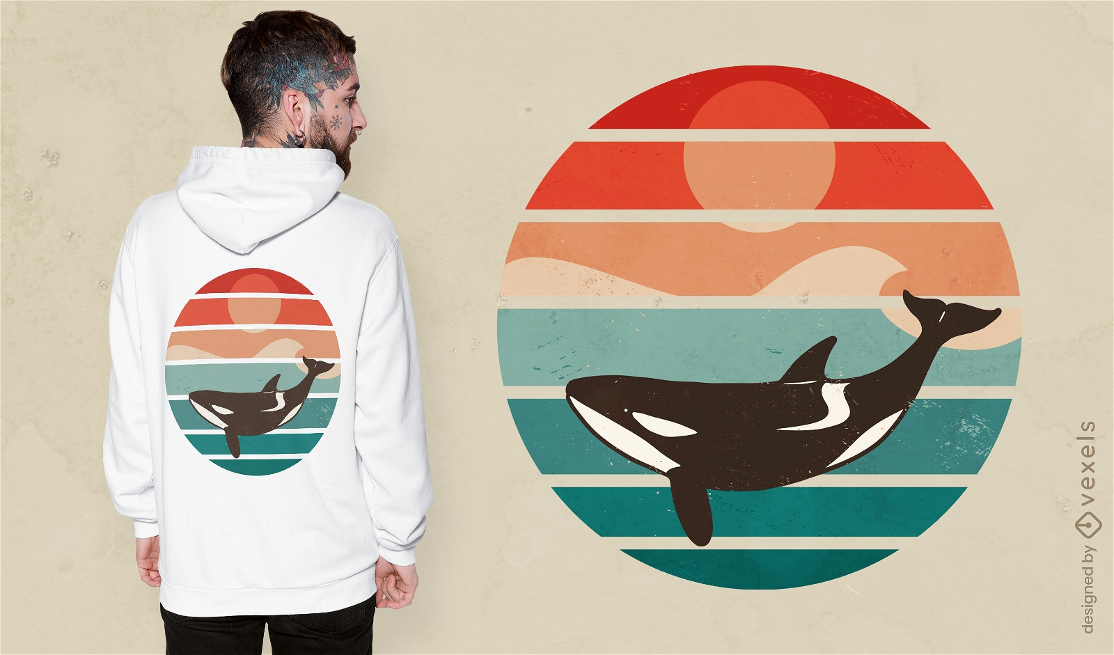 Design de camiseta retrô do pôr do sol da baleia assassina