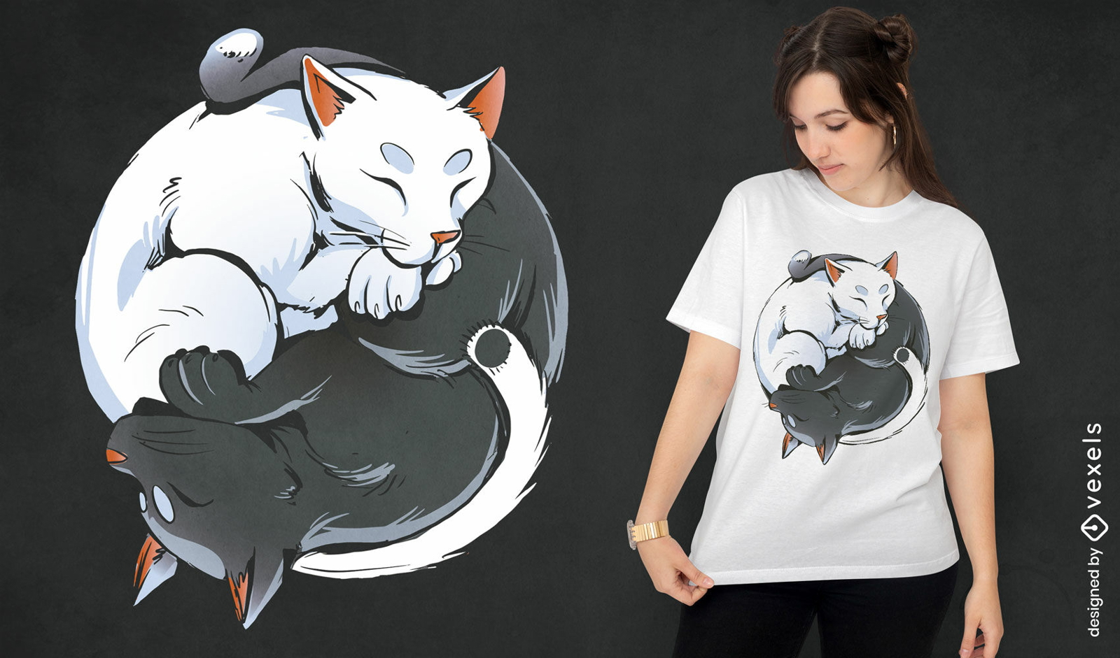 Diseño de camiseta de animales de gato yin yang
