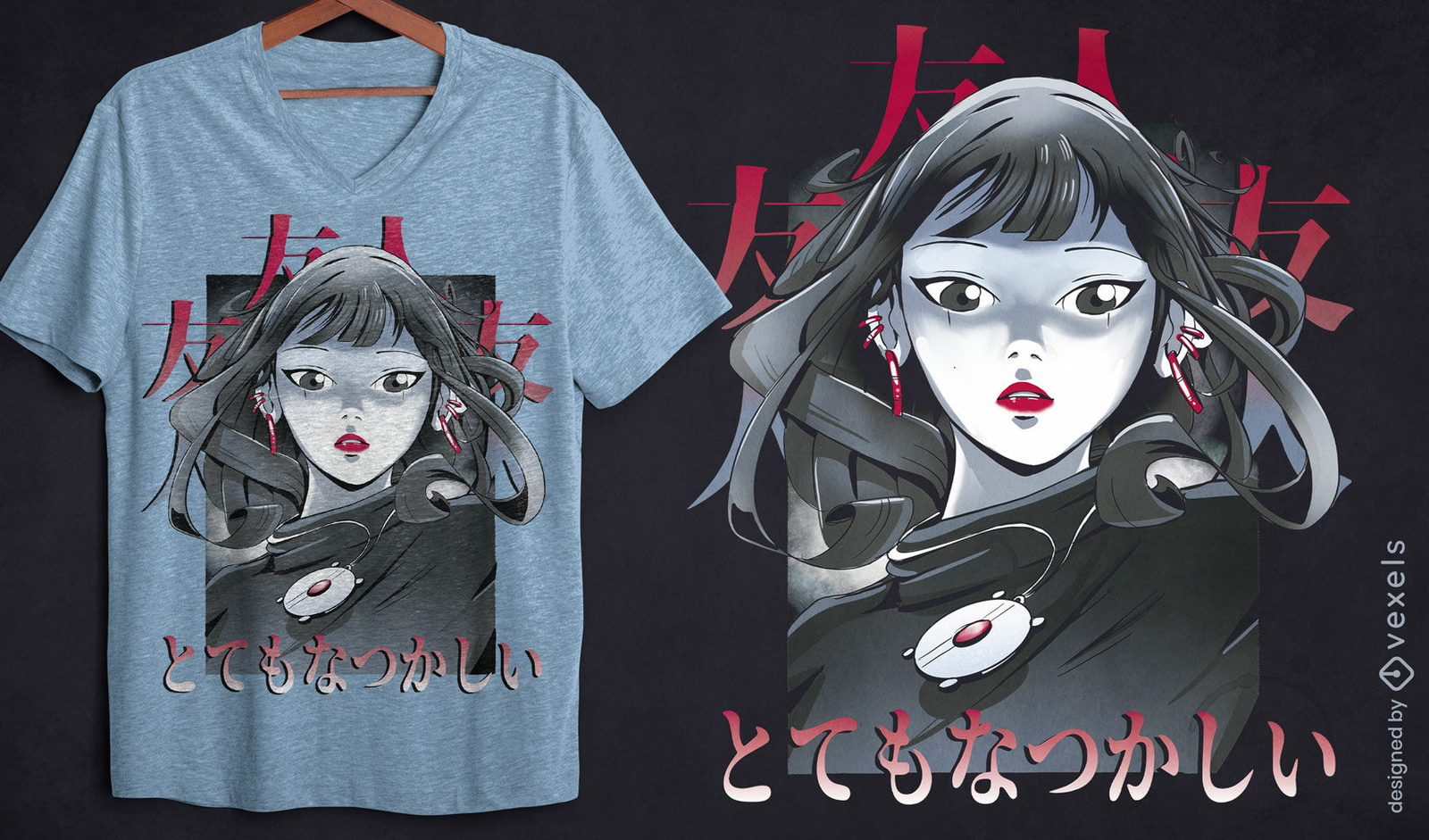 Design de camiseta de menina de anime dramático