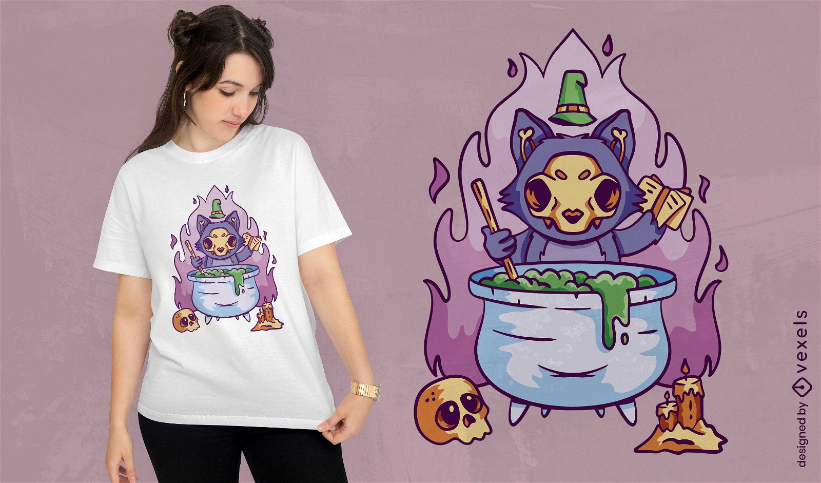 Design de camiseta de bruxa de gato de caveira