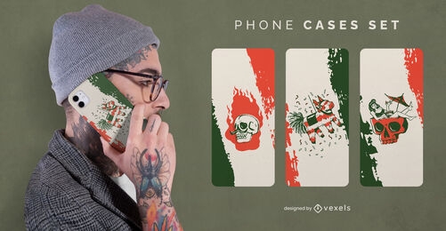 Conjunto de fundas de teléfono con bandera mexicana y elementos.