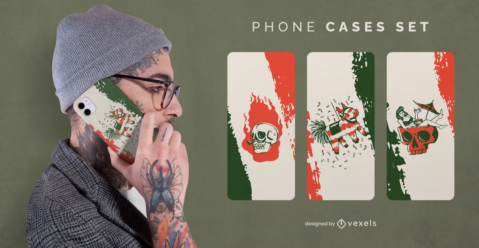 Conjunto de fundas de teléfono con bandera mexicana y elementos.