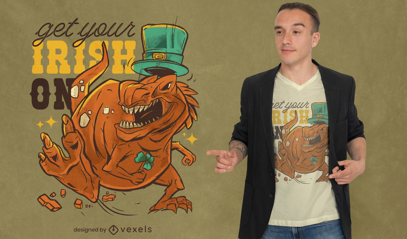 Design de camiseta t-rex de chap?u irland?s