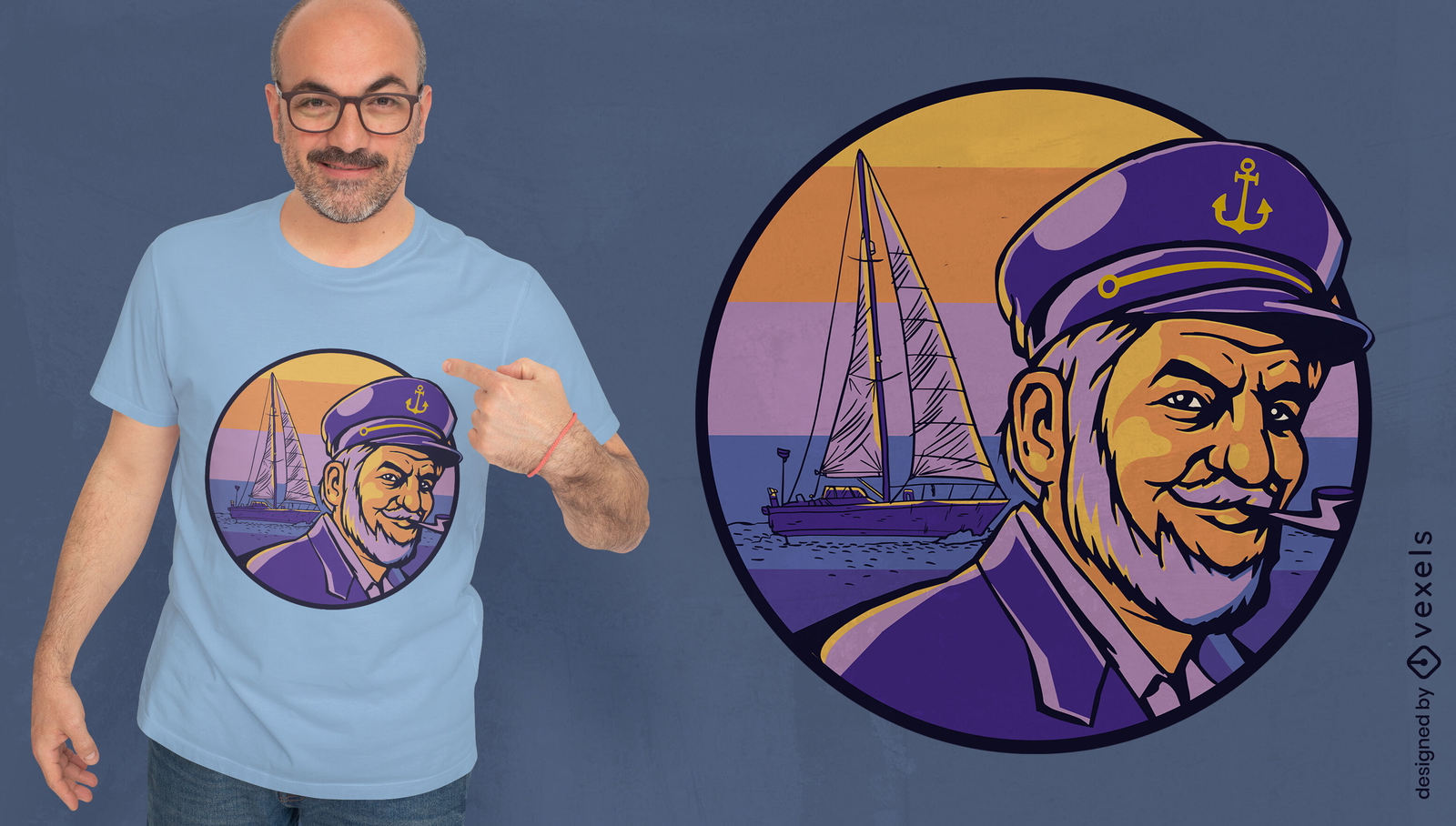 Design de camiseta de capitão de navio retrô por do sol