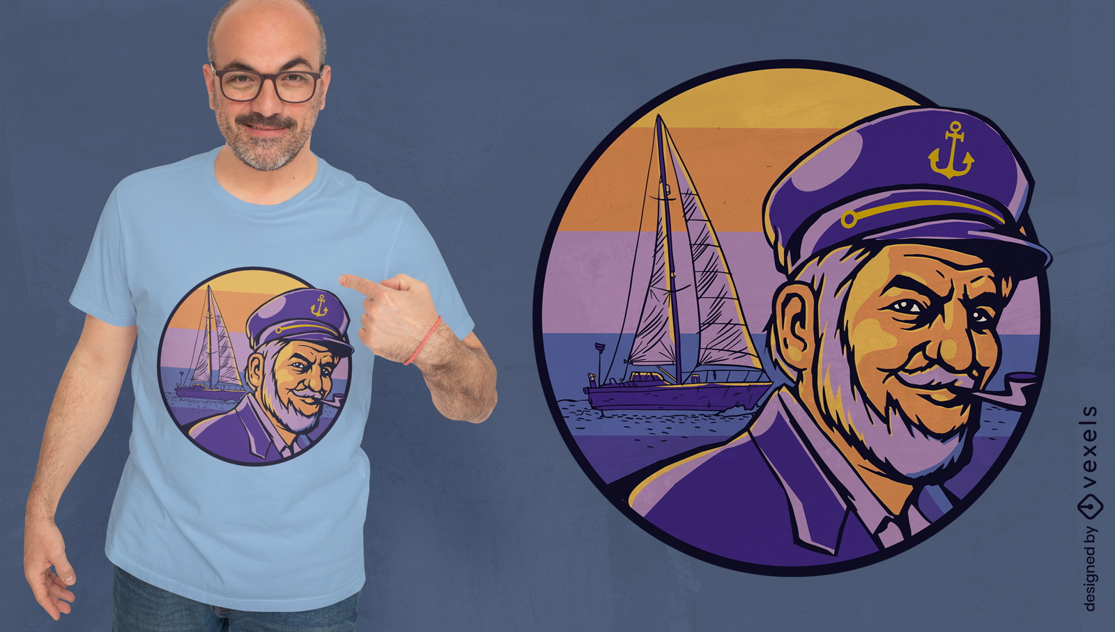 Retro-Sonnenuntergang-Schiffskapitän-T-Shirt-Design