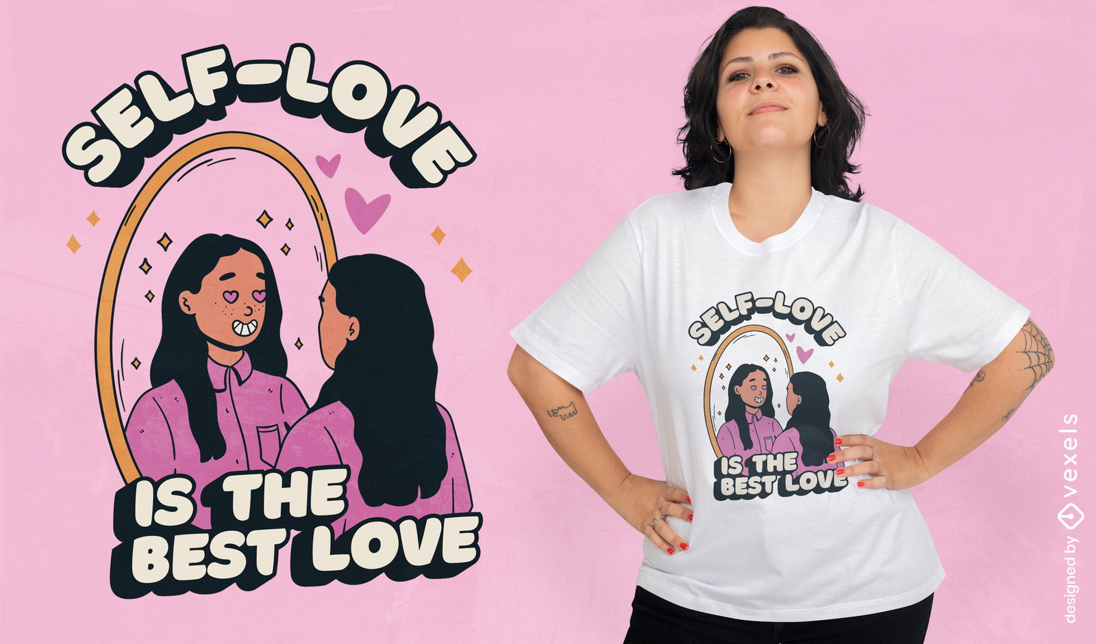 Design de camiseta com citação de amor próprio menina e espelho