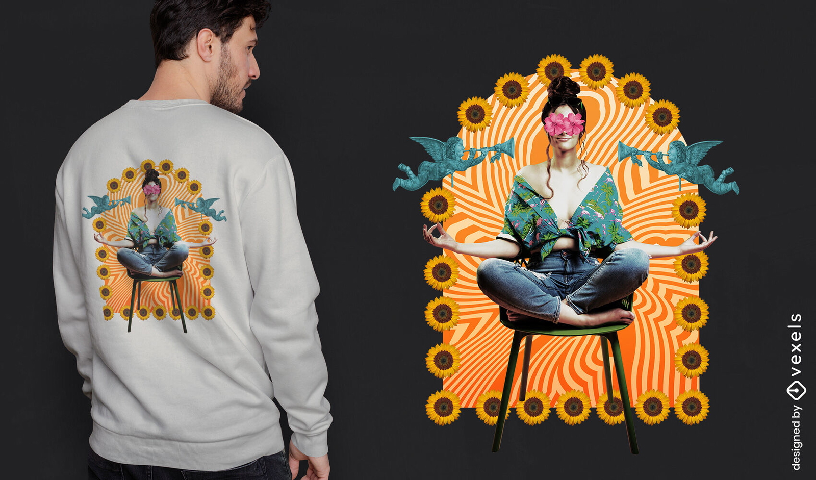 Groovy girl meditando diseño de camiseta psd