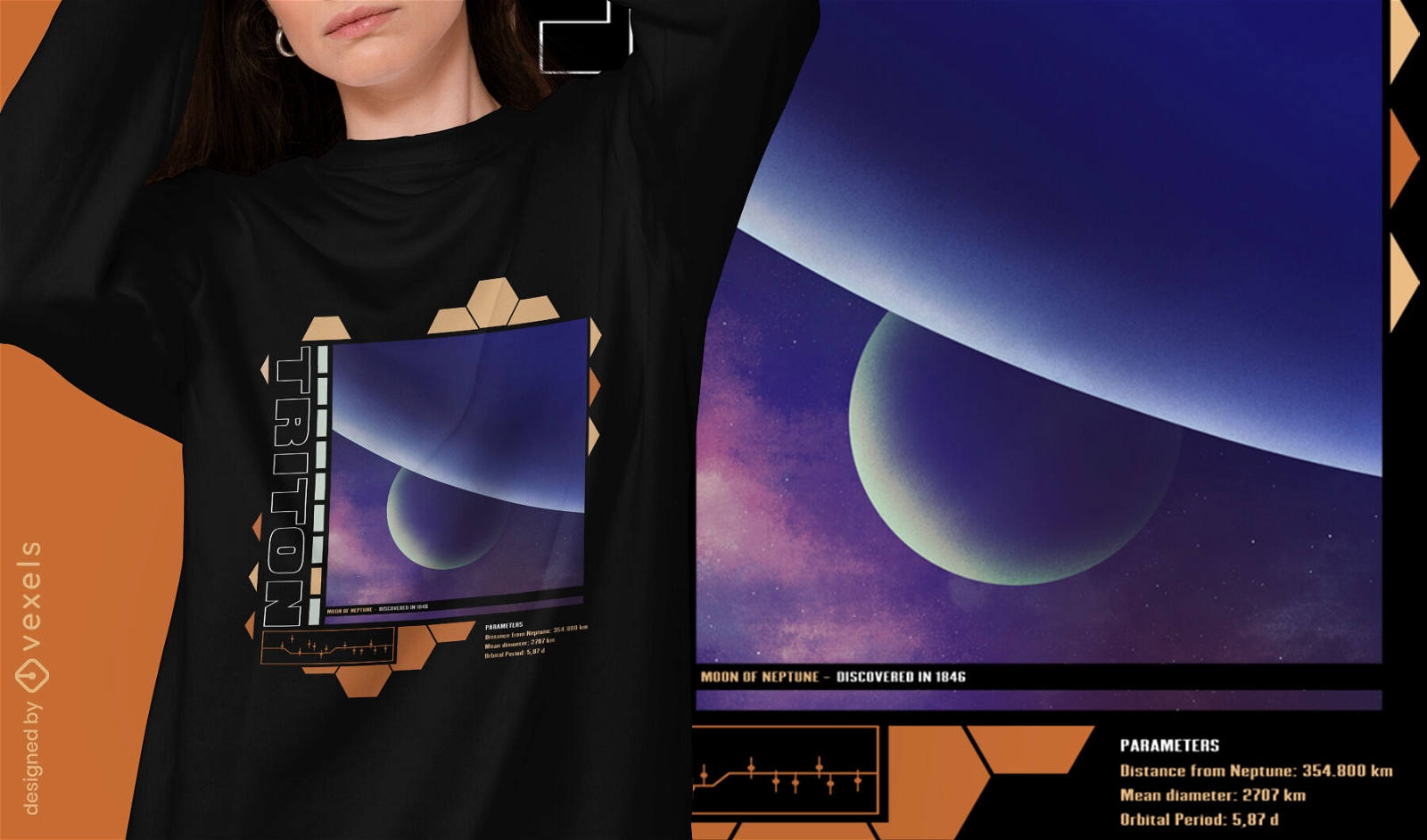 Diseño de camiseta psd de descripción de la luna de Neptuno