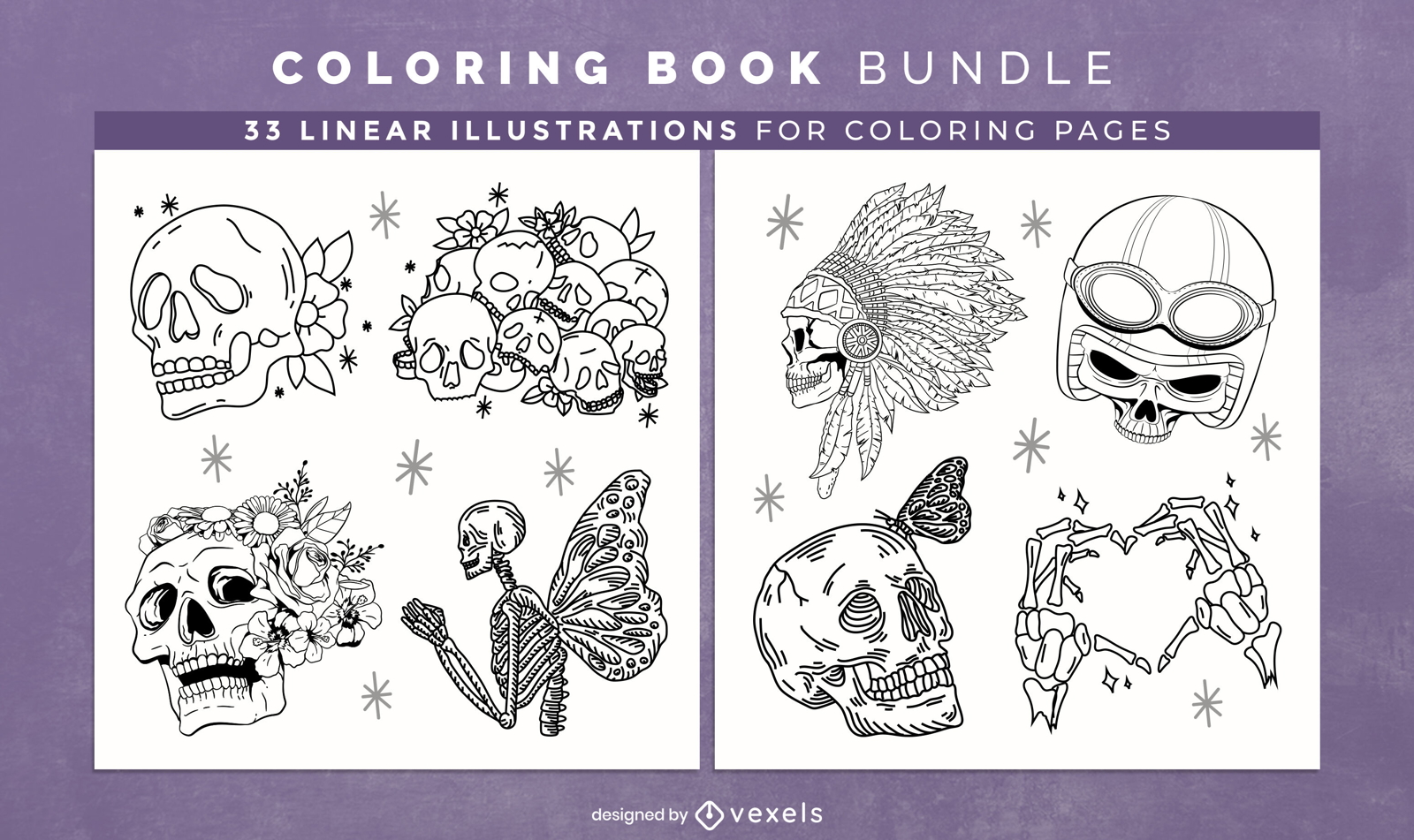Crânios e esqueletos para colorir páginas de design de livro