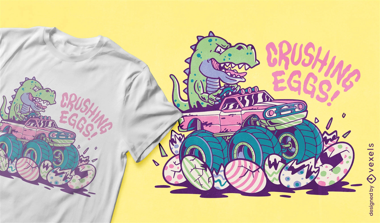 Diseño de camiseta de dinosaurio chocando huevos de pascua