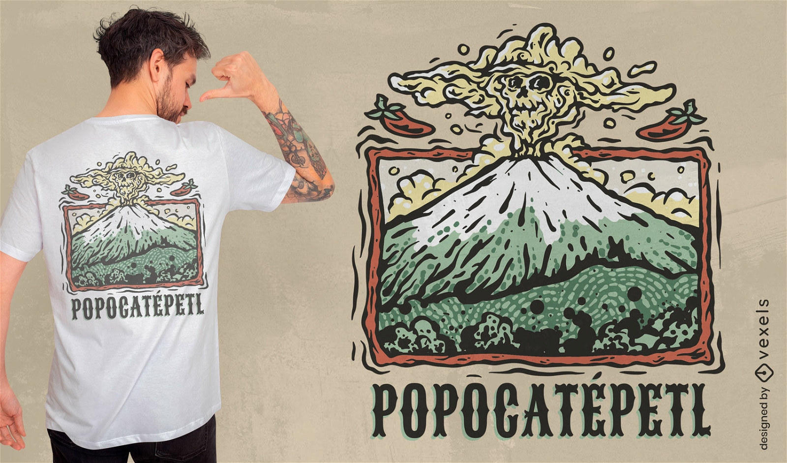 Diseño de camiseta en erupción de volcán mexicano.