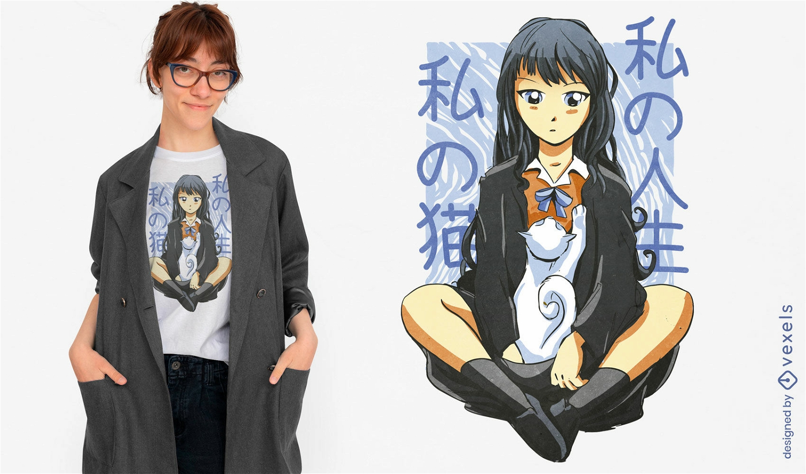 Chica anime sentada con diseño de camiseta de gato.
