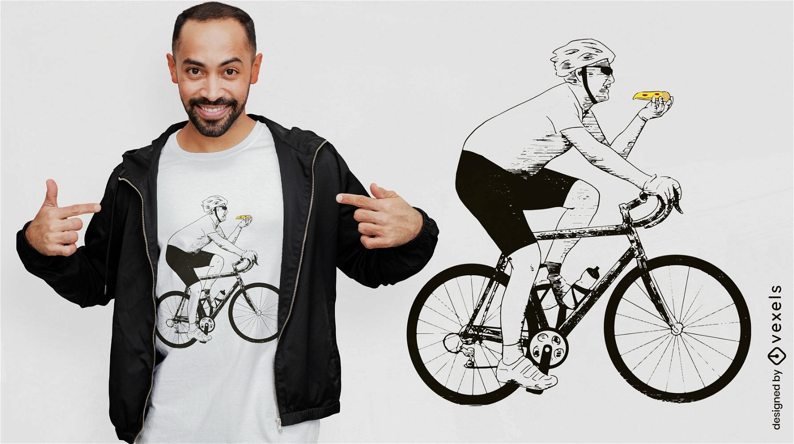 Hombre en bicicleta comiendo diseño de camiseta de pizza.