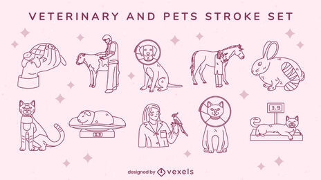 Conjunto de trazo de médico veterinario y mascotas.