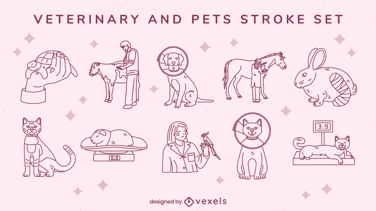 Conjunto de trazo de médico veterinario y mascotas.