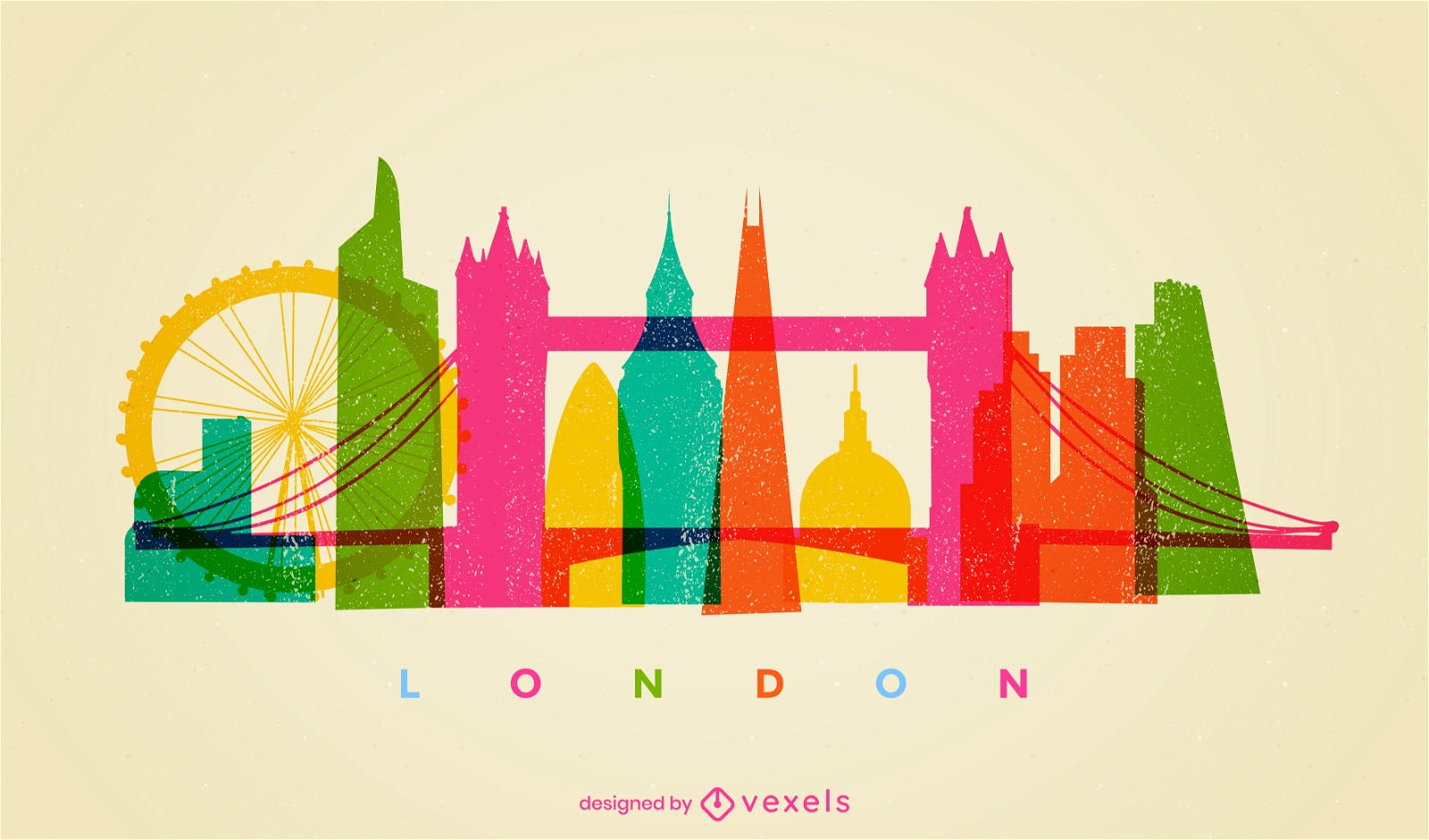 London city landmarks colorful skyline