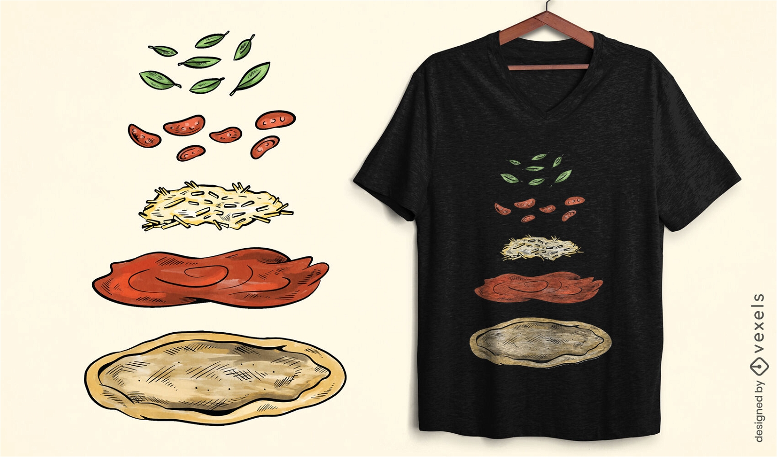 Diseño de camiseta de ingredientes de pizza.