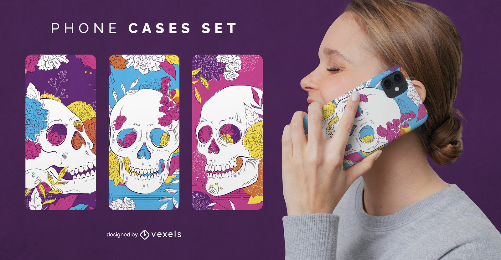 Conjunto de fundas de teléfono de calaveras de flores de hortensia