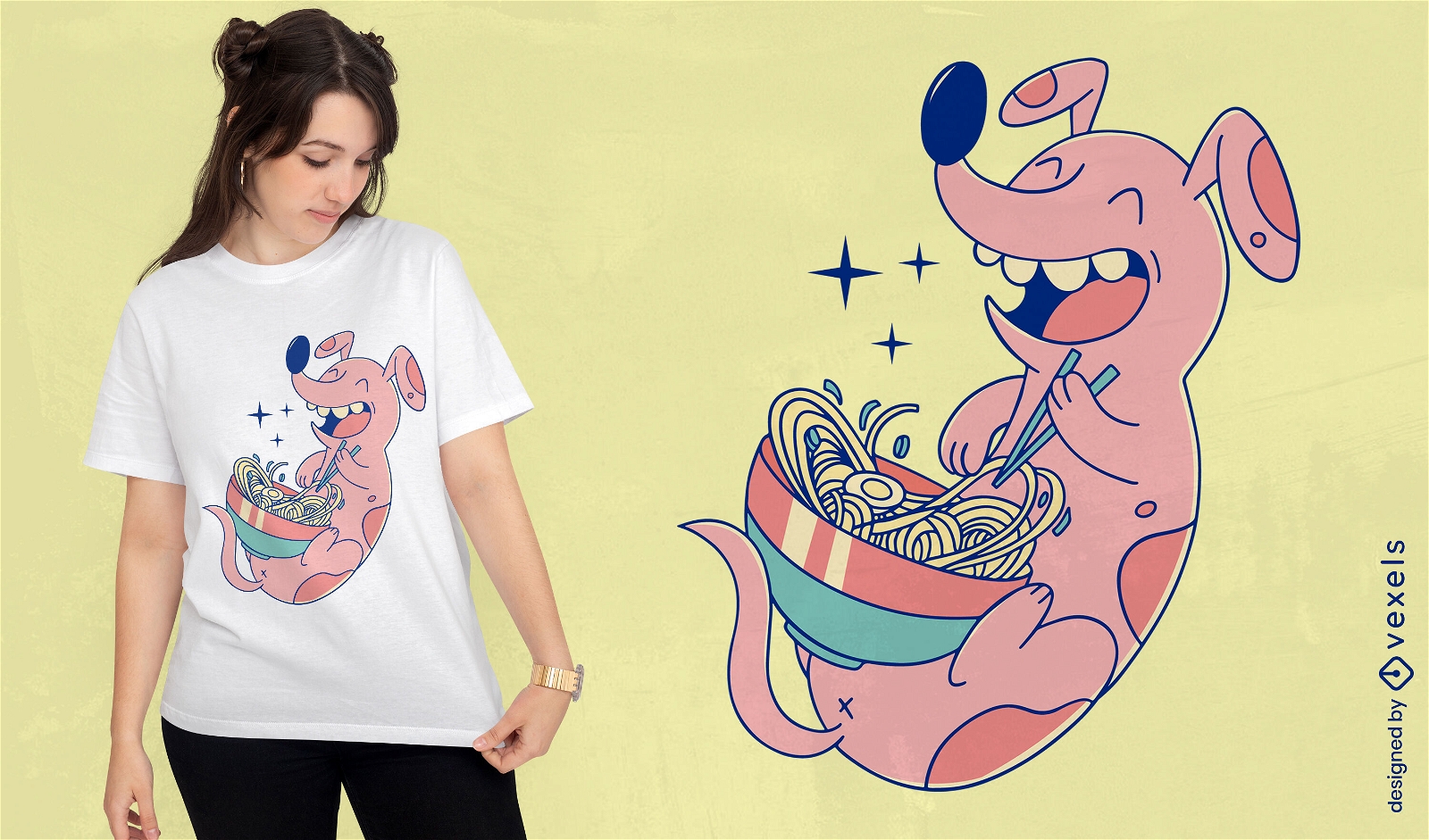 Cartoon-Hund, der Ramen-T-Shirt-Design isst