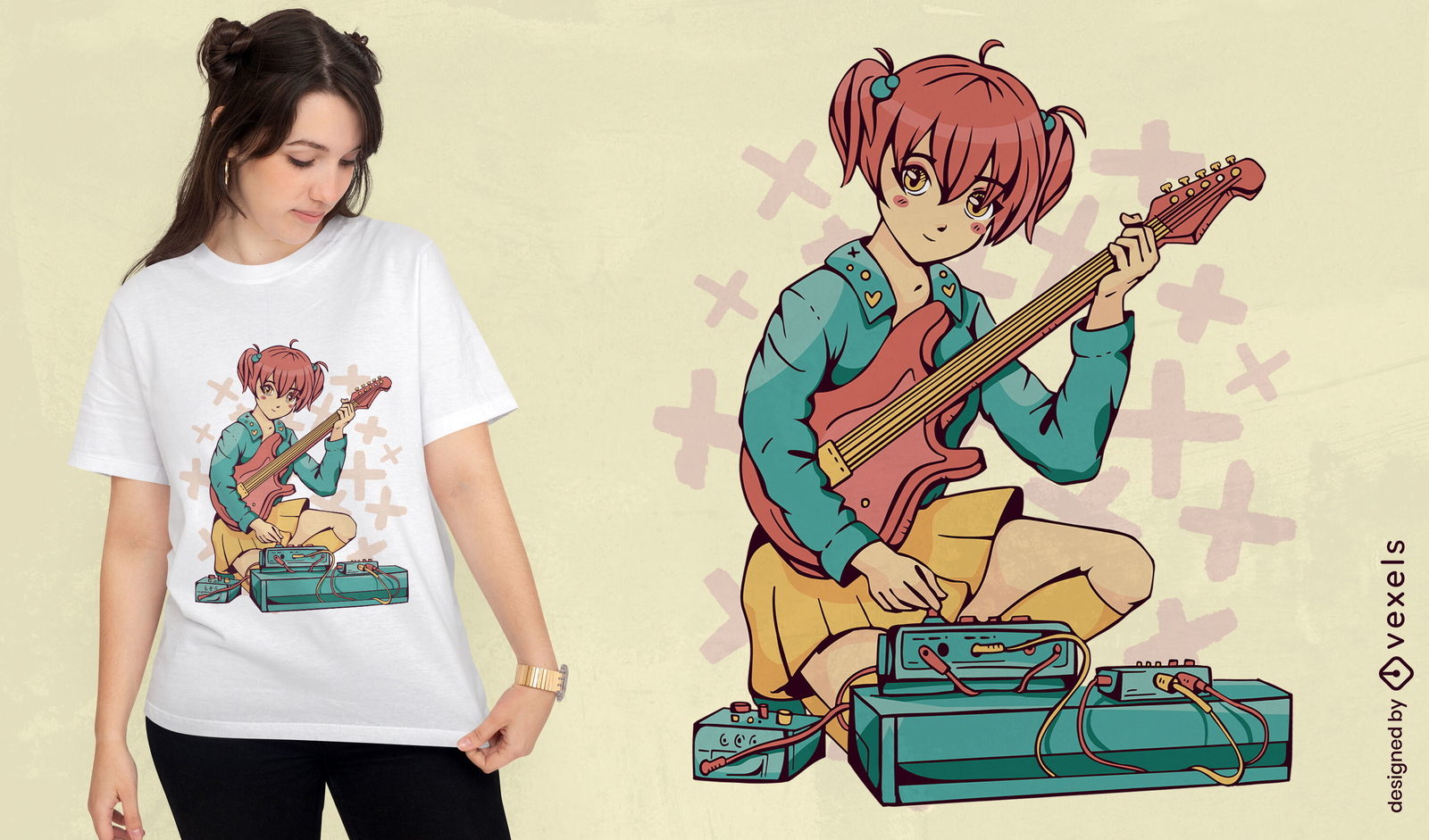 Anime-Mädchen-E-Gitarren-T-Shirt-Design