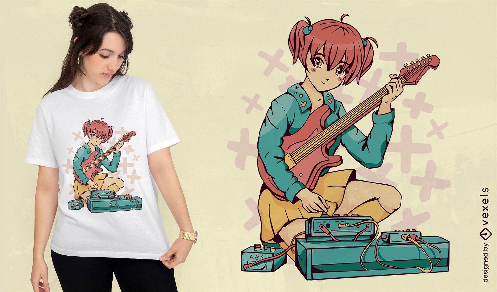 Design de camiseta de guitarra elétrica de garota de anime
