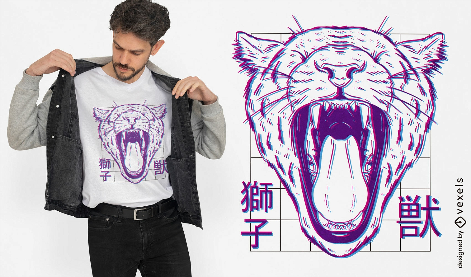 Design de camiseta turva de leoa rugindo